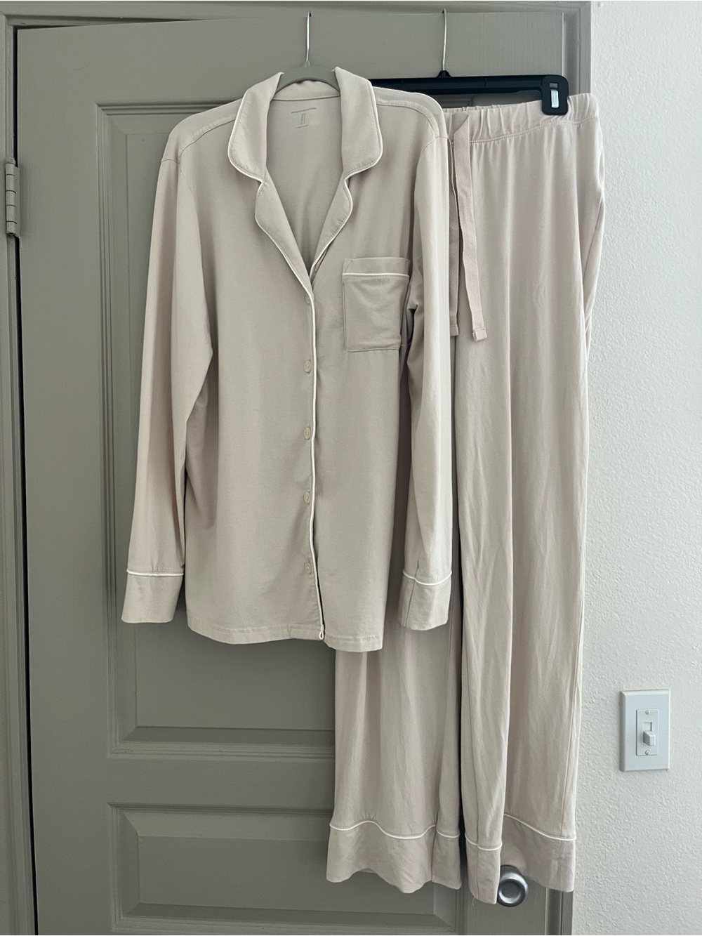 Women's Cream Button-Up Pajama Set with Contrast Piping